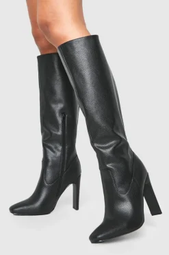 Over The Knee Boots|Heeled Boots*boohoo Textured Low Heel Pointed Knee High Boots black