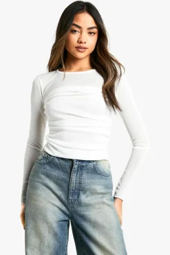 Long Sleeve Tops*boohoo Textured Mesh Ruched Front Long Sleeve Top white