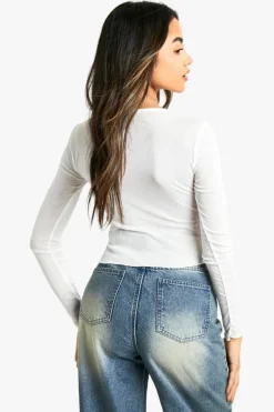 Long Sleeve Tops*boohoo Textured Mesh Ruched Front Long Sleeve Top white