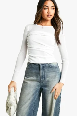 Long Sleeve Tops*boohoo Textured Mesh Ruched Front Long Sleeve Top white