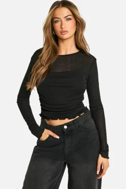 Long Sleeve Tops|Tops*boohoo Textured Mesh Ruched Front Long Sleeve Top black