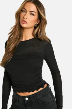 Long Sleeve Tops|Tops*boohoo Textured Mesh Ruched Front Long Sleeve Top black