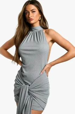 Bodycon Dresses*boohoo Textured Mesh Ruched Neck Tie Waist Mini Dress charcoal