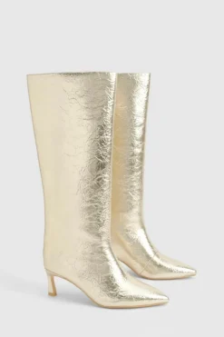 Over The Knee Boots|Knee High Boots*boohoo Textured Metallic Column Knee High Boots gold