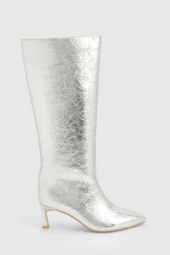 Over The Knee Boots|Knee High Boots*boohoo Textured Metallic Column Knee High Boots silver
