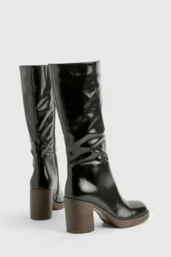 Over The Knee Boots|Knee High Boots*boohoo Textured Patent Heeled Knee High Boots black