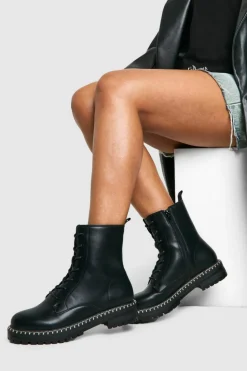 Biker Boots|All Boots*boohoo Textured Pu Lace Up Hiker Boots black