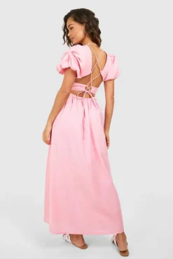 Midi Dresses*boohoo Textured Puff Sleeve Midi Dress pink