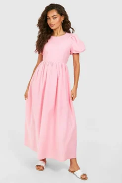 Midi Dresses*boohoo Textured Puff Sleeve Midi Dress pink