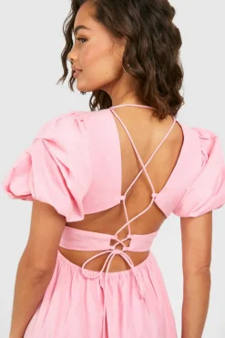 Midi Dresses*boohoo Textured Puff Sleeve Midi Dress pink