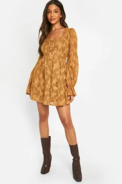 Skater Dresses*boohoo Textured Puff Sleeve Milkmaid Skater Dress caramel
