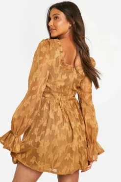 Skater Dresses*boohoo Textured Puff Sleeve Milkmaid Skater Dress caramel