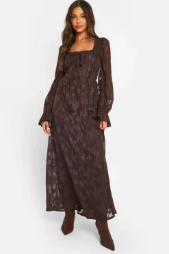 Skater Dresses|Maxi Dresses*boohoo Textured Puff Sleeve Milkmaid Maxi Dress chocolate