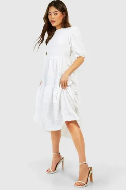 Smock Dresses|Midi Dresses*boohoo Textured Puff Sleeve Tiered Midi Dress white