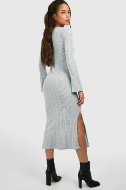 Midi Dresses*boohoo Textured Rib Flare Sleeve Split Leg Midi Dress grey marl