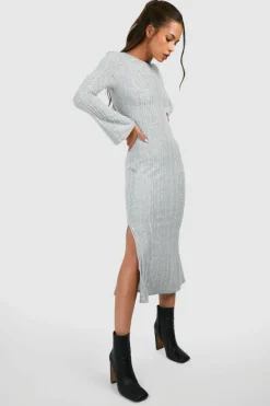 Midi Dresses*boohoo Textured Rib Flare Sleeve Split Leg Midi Dress grey marl
