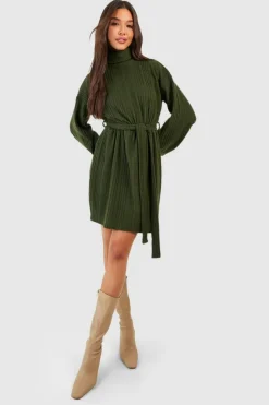 Skater Dresses|Mini Dresses*boohoo Textured Rib Roll Neck Skater Dress khaki
