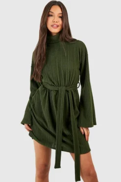 Skater Dresses|Mini Dresses*boohoo Textured Rib Roll Neck Skater Dress khaki
