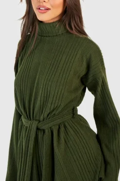 Skater Dresses|Mini Dresses*boohoo Textured Rib Roll Neck Skater Dress khaki