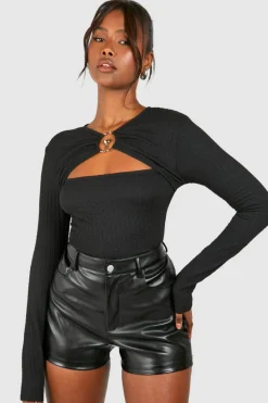 Long Sleeve Tops*boohoo Textured Ring Detail Cut Out Long Sleeve Top black