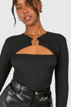 Long Sleeve Tops*boohoo Textured Ring Detail Cut Out Long Sleeve Top black