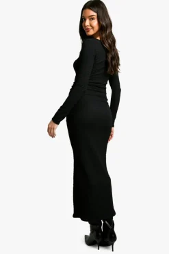 Maxi Dresses*boohoo Textured Ruched Asymmetric Maxi Dress black