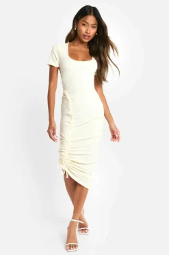 Bodycon Dresses*boohoo Textured Ruched Midaxi Dress cream