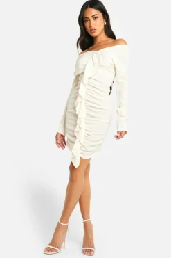 Bodycon Dresses*boohoo Textured Ruffle Drape Front Mini Dress cream