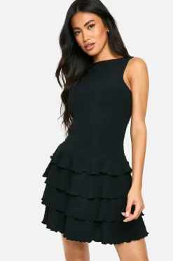 Skater Dresses|Mini Dresses*boohoo Textured Ruffle Layered Hem Racer Neck Mini Dress black