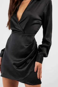 Shirt Dresses*boohoo Textured Satin Ruched Front Shirt Dress black