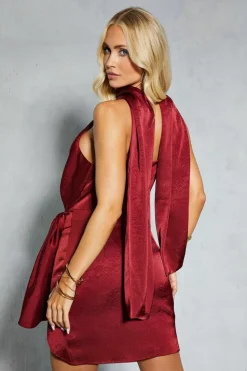 Wrap Dresses*MissPap Textured Satin Scarf Detail Ruched Wrap Mini Dress berry