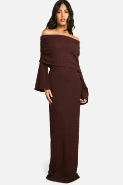 Maxi Dresses|Long Sleeve Dresses*boohoo Textured Slouchy Bardot Maxi Dress chocolate