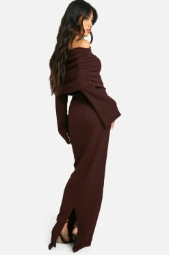 Maxi Dresses|Long Sleeve Dresses*boohoo Textured Slouchy Bardot Maxi Dress chocolate