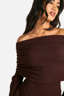Maxi Dresses|Long Sleeve Dresses*boohoo Textured Slouchy Bardot Maxi Dress chocolate
