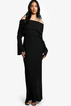 Maxi Dresses|Long Sleeve Dresses*boohoo Textured Slouchy Bardot Maxi Dress black