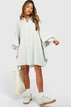 Shirt Dresses*boohoo Textured Stripe Batwing Oversized Shirt Dress green