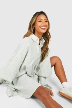 Shirt Dresses*boohoo Textured Stripe Batwing Oversized Shirt Dress green