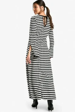 Skater Dresses*boohoo Textured Stripe Flare Sleeve Midaxi Dress black
