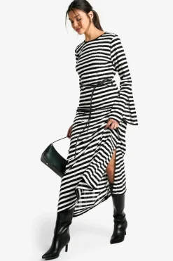 Skater Dresses*boohoo Textured Stripe Flare Sleeve Midaxi Dress black