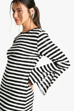 Skater Dresses*boohoo Textured Stripe Flare Sleeve Midaxi Dress black