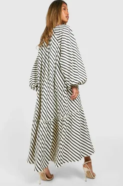 Smock Dresses*boohoo Textured Stripe Tie Neck Midaxi Smock Dress black