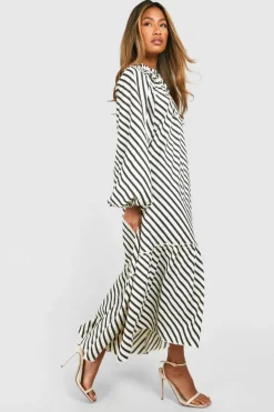 Smock Dresses*boohoo Textured Stripe Tie Neck Midaxi Smock Dress black