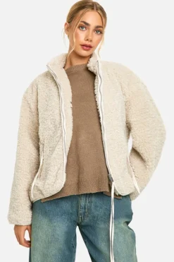Up To 80% Off Winter Warmers|Teddy Jackets*boohoo Textured Teddy Funnel Neck Jacket cream