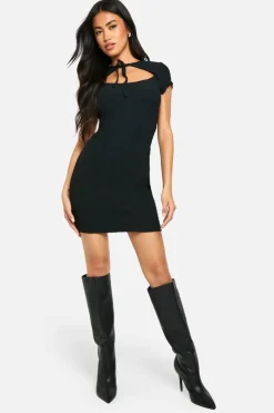 Bodycon Dresses*boohoo Textured Tie Front Mini Dress black