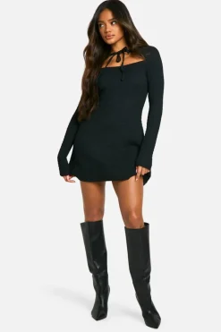 Skater Dresses|Mini Dresses*boohoo Textured Tie Front Skater Dress black