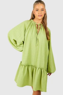 Smock Dresses*boohoo Textured Tie Neck Mini Smock Dress chartreuse