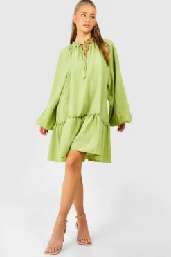 Smock Dresses*boohoo Textured Tie Neck Mini Smock Dress chartreuse