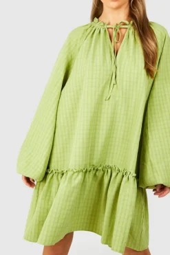 Smock Dresses*boohoo Textured Tie Neck Mini Smock Dress chartreuse
