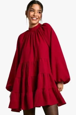 Smock Dresses*boohoo Textured Volume Smock Dress burgundy