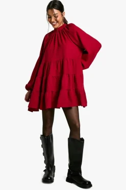 Smock Dresses*boohoo Textured Volume Smock Dress burgundy